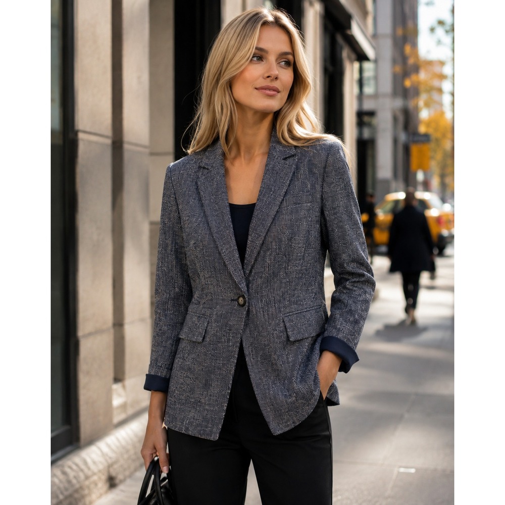 NWT WHBM Women's Gray Tweed Tailored One Button Blazer Sz 2 w/ Navy Accents